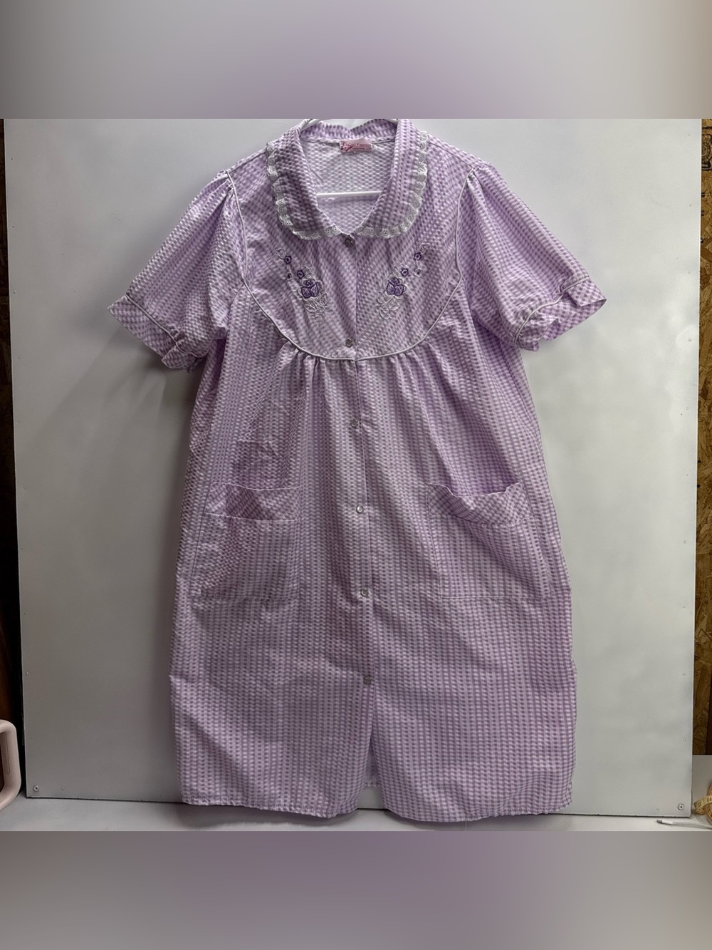 Lati Fashion Women’s Purple and White Gingham Embroidered Button-Up Nightgown